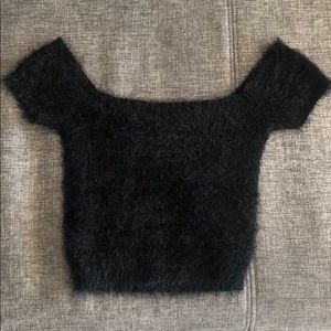 BLACK FUZZY OFF THE SHOULDER CROP TOP